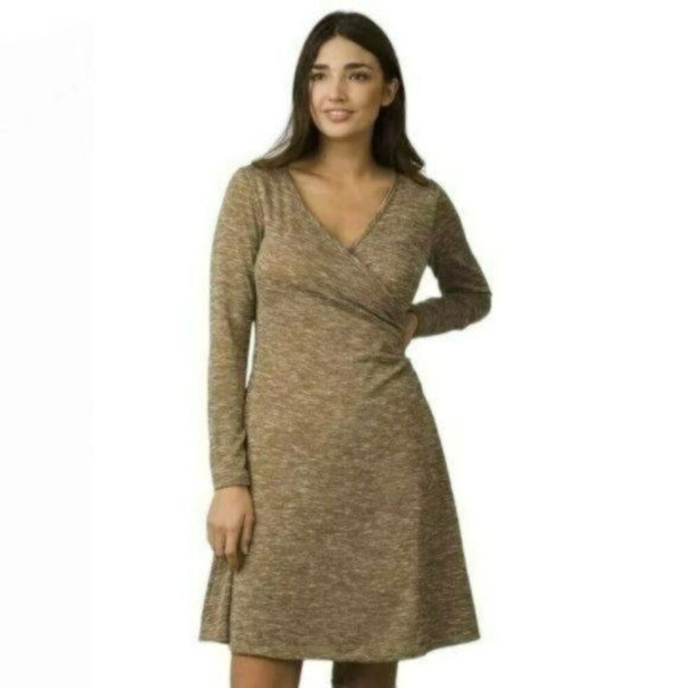 Prana Nadia Women's Small Tan Space Dye V-Neck Faux Wrap Long Sleeve Dress